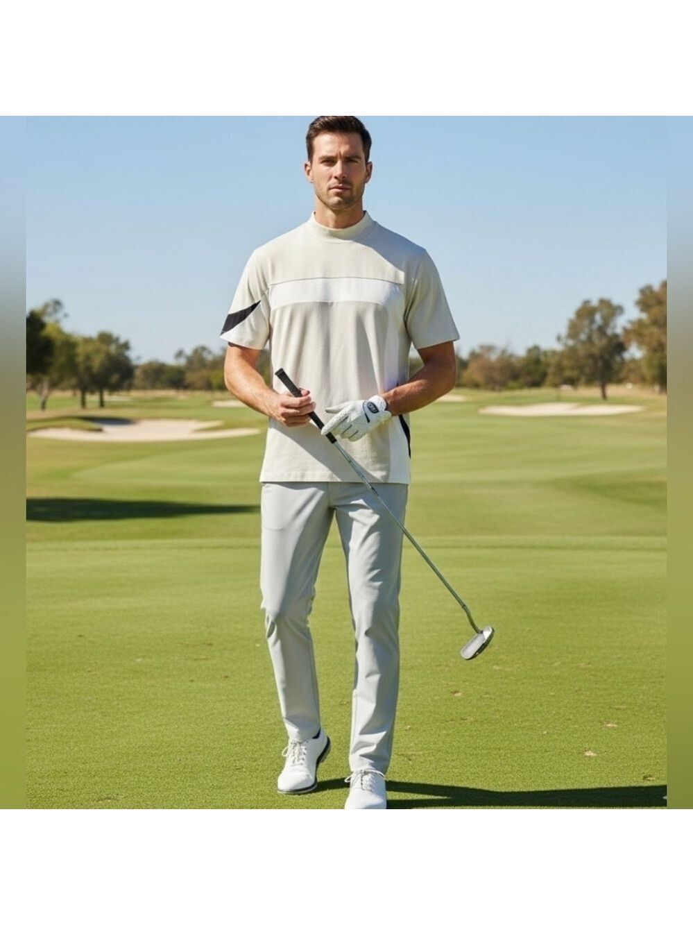 Izod XFG Quiet Luxury Mock Neck Golf Shirt Cream & Black Performance Size L